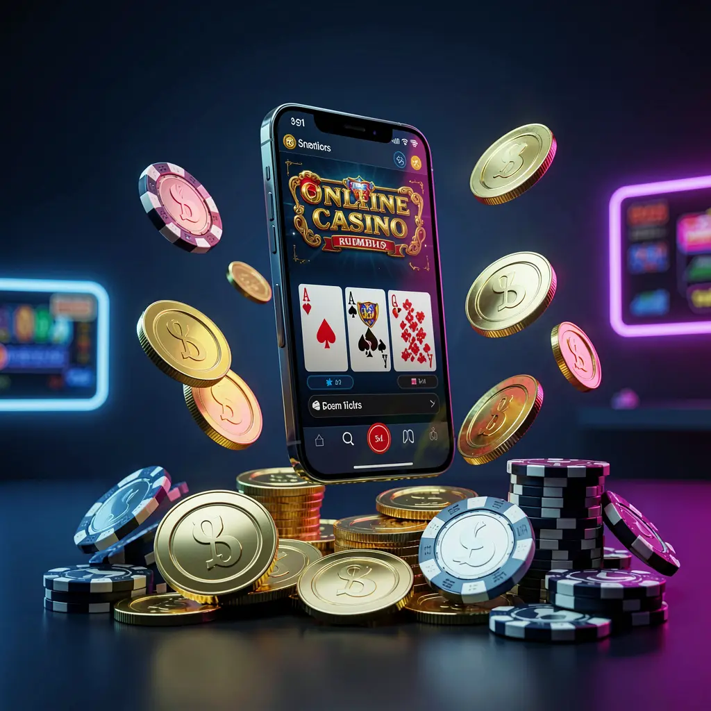 Realistic 3D render of a phone floating above golden coins and poker chips with a dark blue and black background, featuring cinematic neon glow, promoting the top678 online casino app