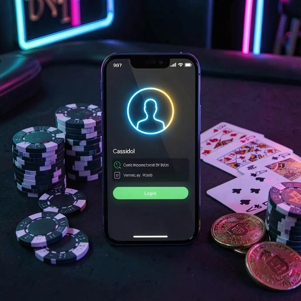 top678 casino app login screen on smartphone with glowing user profile icon, poker chips, playing cards, and coins on an elegant dark background with neon highlights