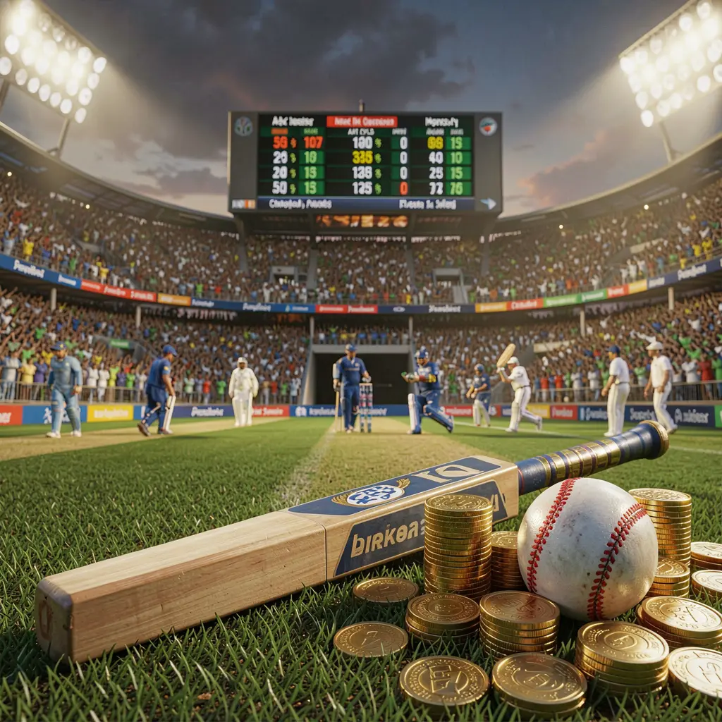Premium cricket betting scene at a crowded cricket stadium with bat and ball in the foreground, digital odds graphics and coins illuminated by dramatic lighting, showcasing top678 brand in a high detail 3D render
