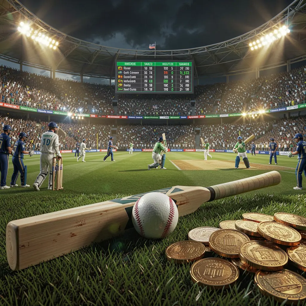 Premium cricket betting scene at a crowded cricket stadium with a bat and ball in the foreground, digital odds graphics and coins illuminated by dramatic lighting, showcasing top678's high detail 3D render