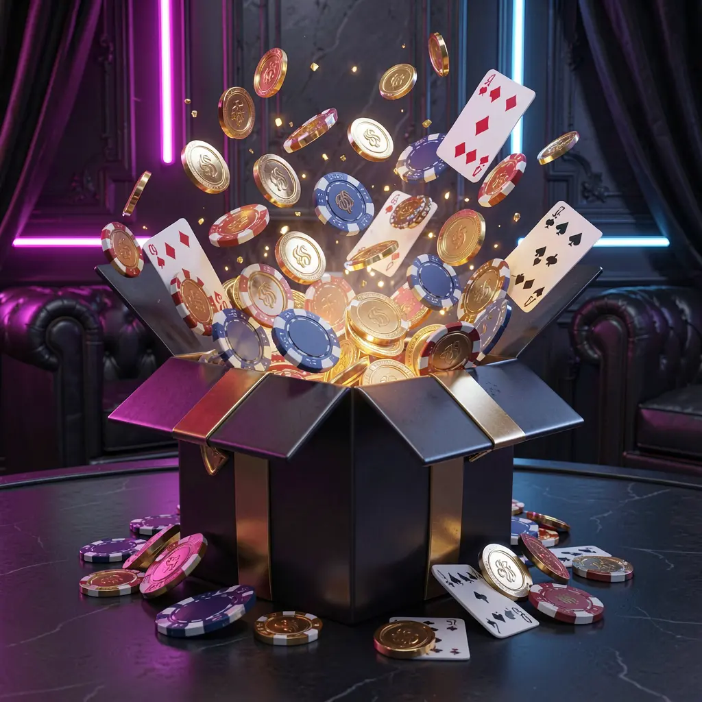 top678 online casino bonus gift box exploding with golden coins, poker chips, and playing cards on a dark luxury background with glowing neon accents