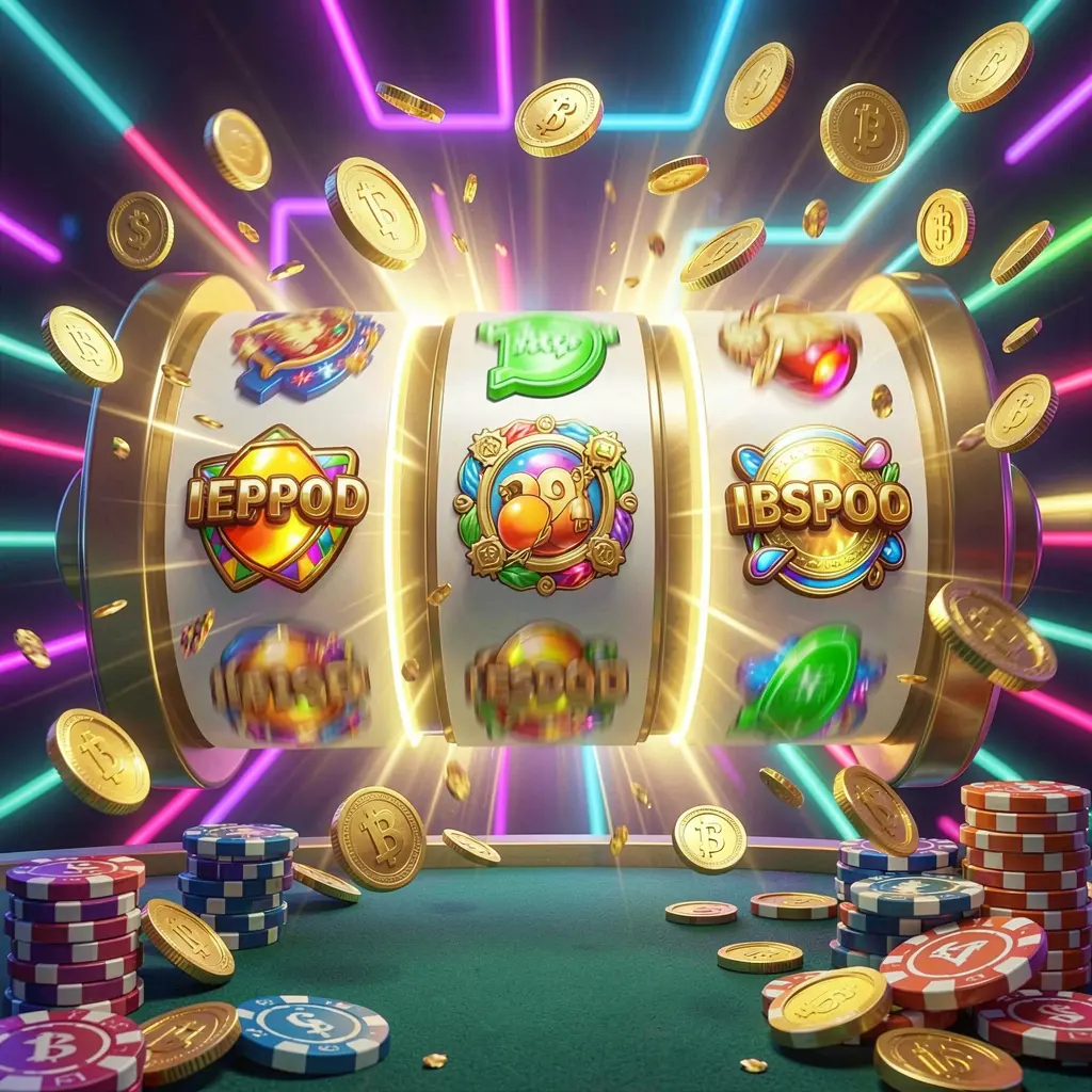 top678 online casino free spins bonus concept with colorful slot machine reels spinning, golden light effects, flying coins, jackpot symbols, and casino chips on a vibrant neon background