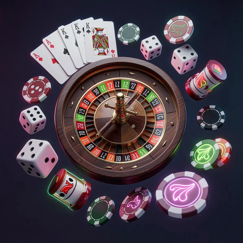 top678 online casino games collection featuring a neon glowing roulette wheel, blackjack cards, dice, slot symbols, and poker chips floating together in a premium 3D render top678 online casino games collection featuring a neon glowing roulette wheel, blackjack cards, dice, slot symbols, and poker chips floating together in a premium 3D render