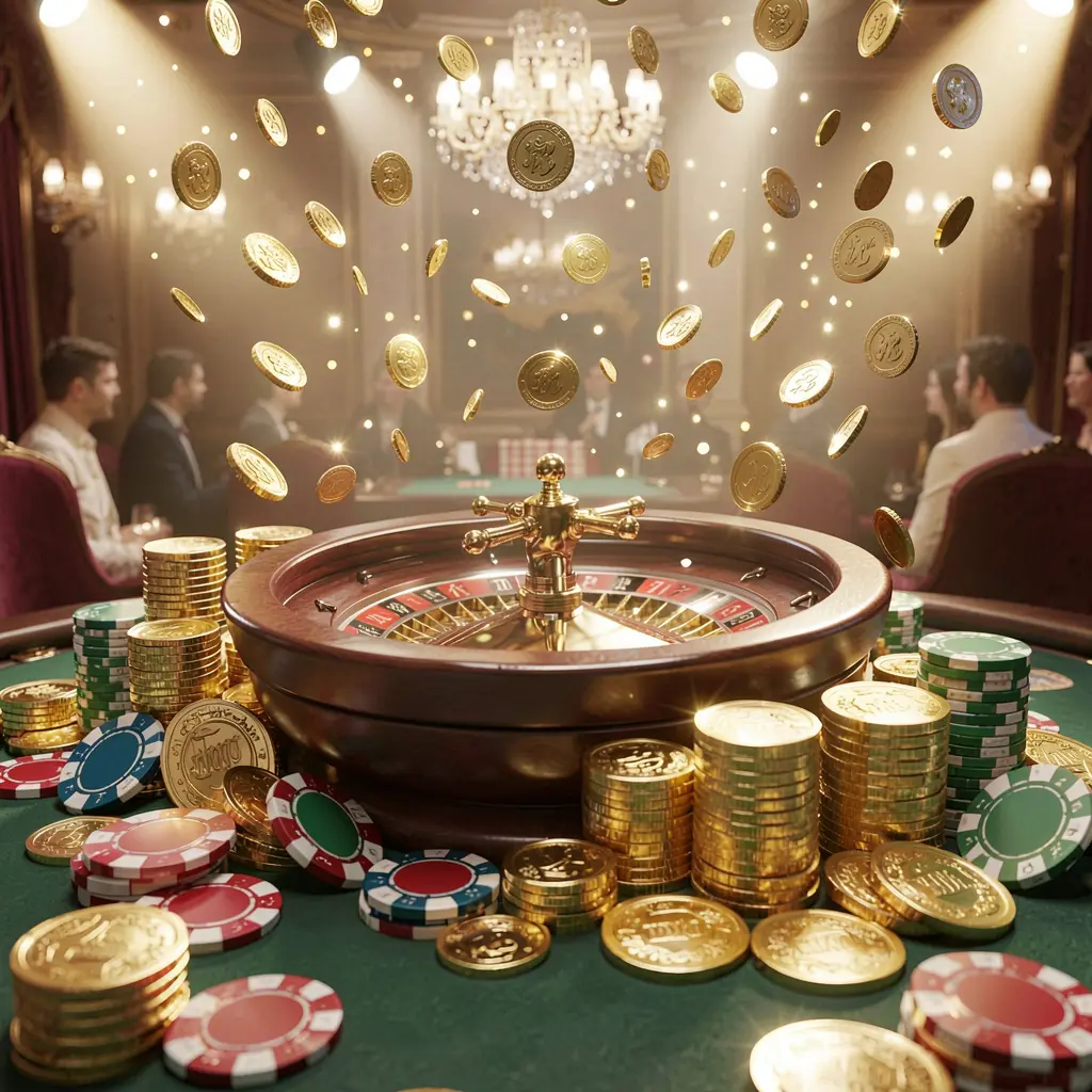 Realistic 3D render of a casino jackpot scene featuring golden coins, poker chips, and a roulette wheel with bright glowing lights, creating a luxury celebration atmosphere for top678 Realistic 3D render of a casino jackpot scene featuring golden coins, poker chips, and a roulette wheel with bright glowing lights, creating a luxury celebration atmosphere for top678