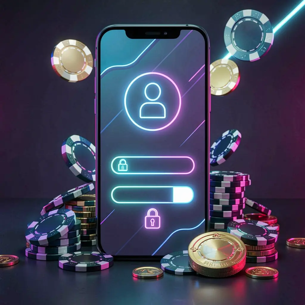 Mobile gaming login page concept on a smartphone featuring an abstract login interface with user and lock icons, surrounded by casino chips and coins, illuminated by luxury neon lighting, showcasing the top678 brand
