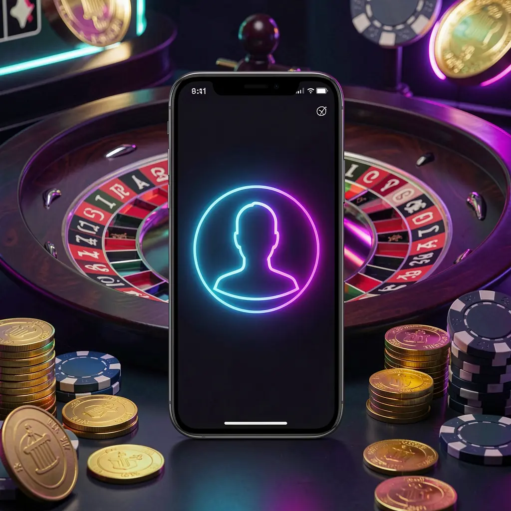 Modern phone displaying a glowing profile icon for top678 online casino login, set against a premium dark neon background with roulette lights, golden coins, and poker chips