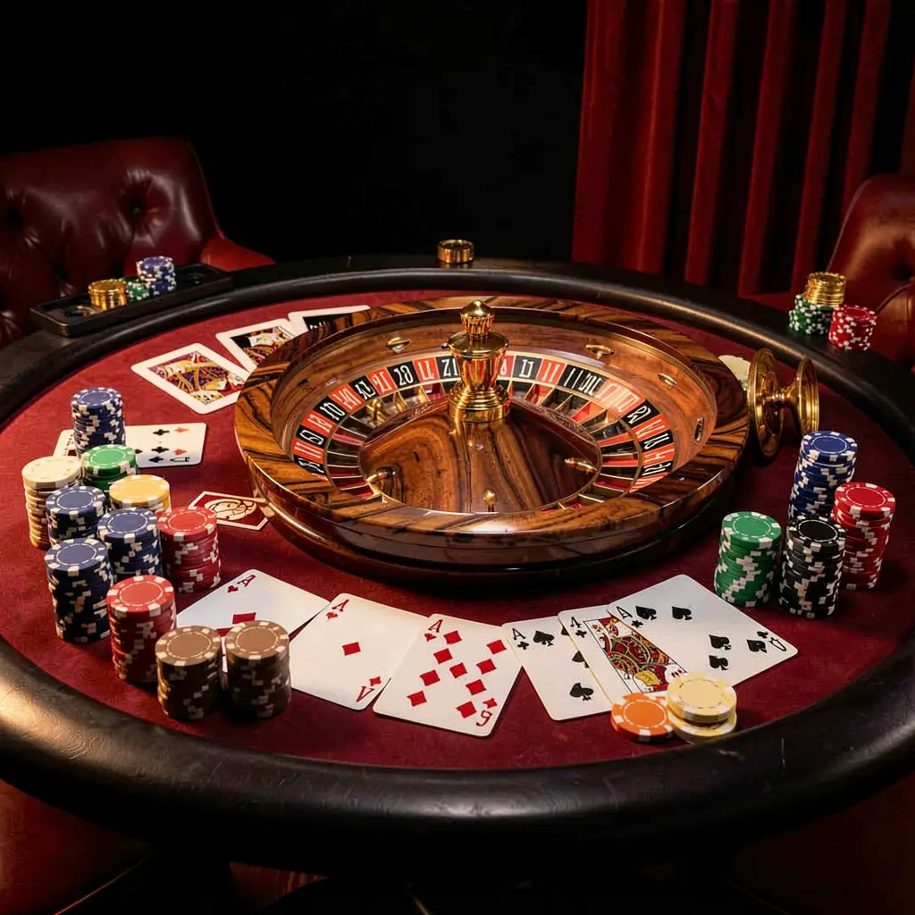 Elegant online casino gaming table featuring roulette, blackjack cards, poker chips, and coins with luxury cinematic lighting on a black and red background, showcasing top678 platform Elegant online casino gaming table featuring roulette, blackjack cards, poker chips, and coins with luxury cinematic lighting on a black and red background, showcasing top678 platform